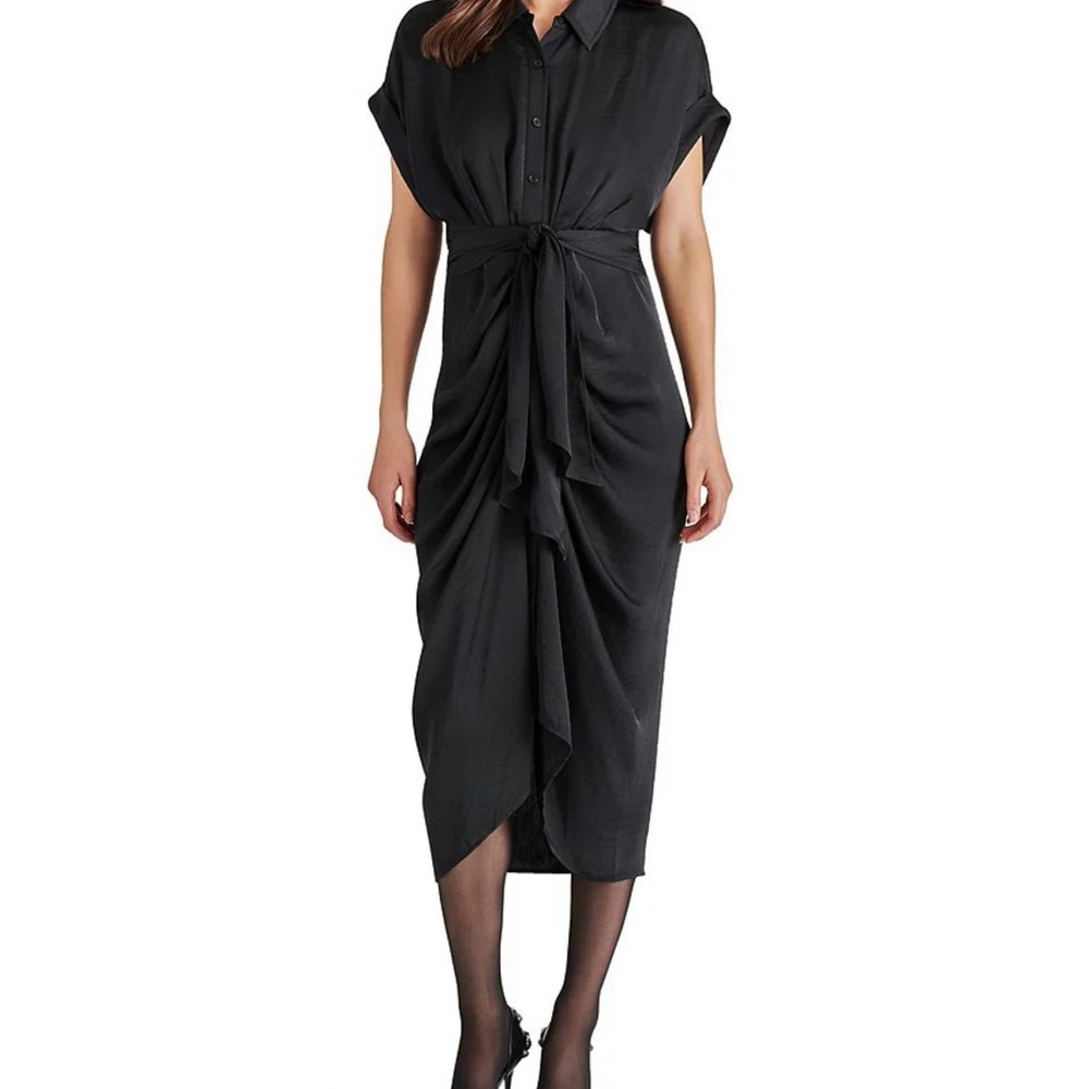 Steve Madden Black Asymmetrical Ruched Midi Dress